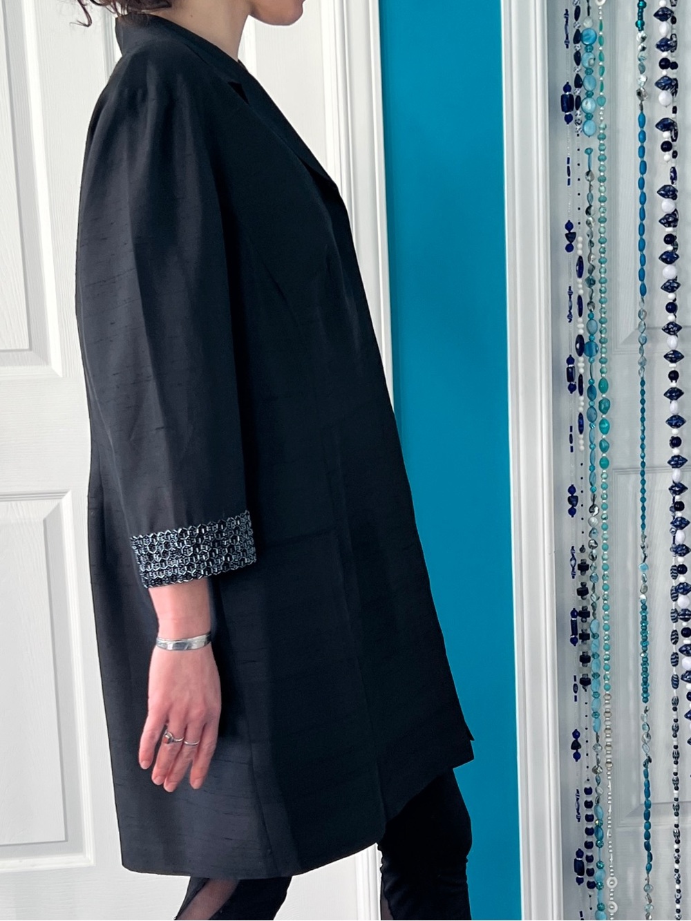 Vintage Y2K Black Silk Evening Coat • Beaded Sleeves • Special Occasion Jacket - Picture 4 of 14